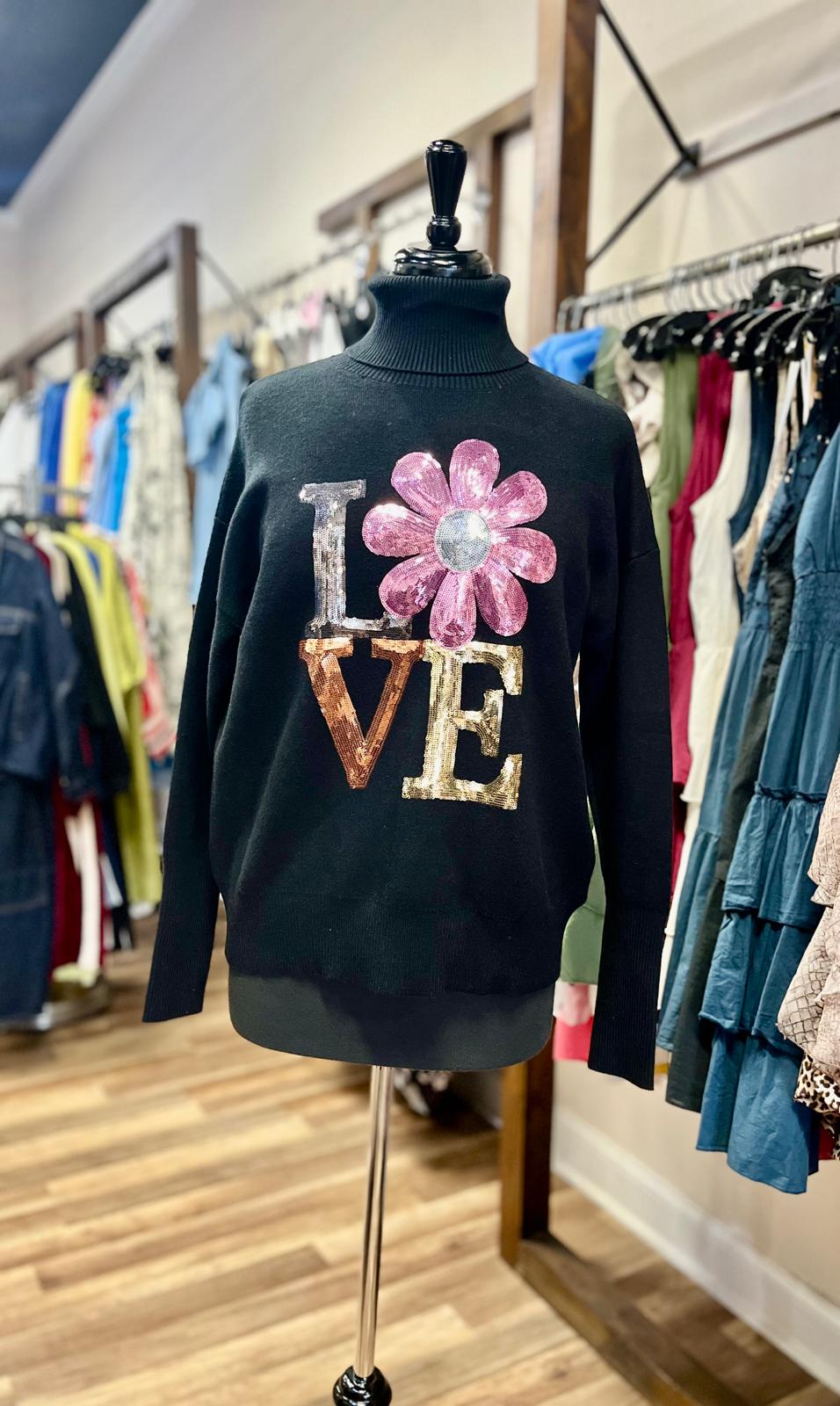 Sequin Flower Love Turtleneck Sweater