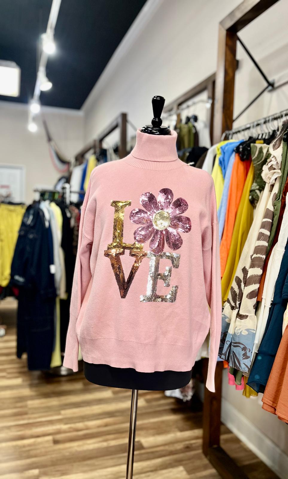 Sequin Flower Love Turtleneck Sweater
