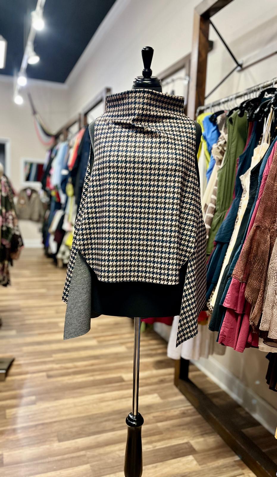 Houndstooth High-Neck Cape Top