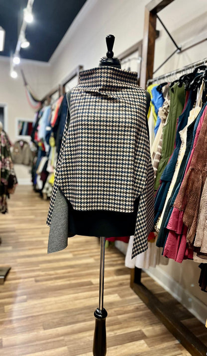 Houndstooth High-Neck Cape Top