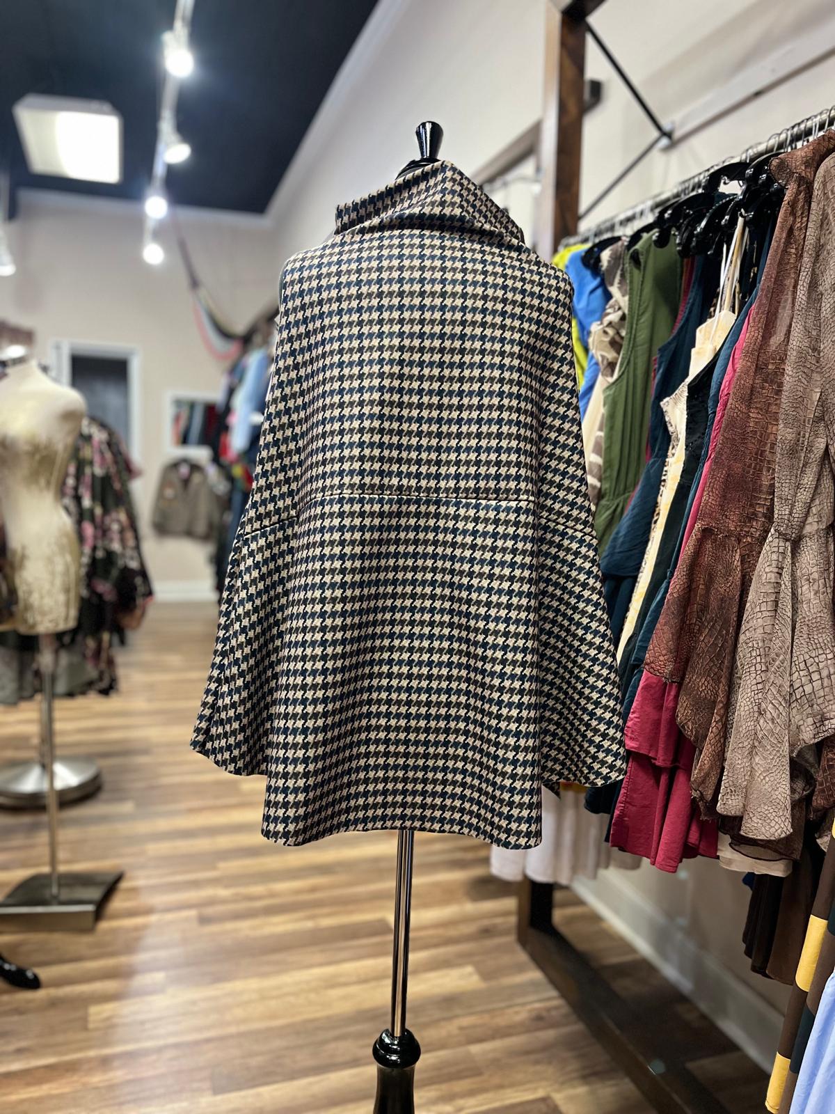 Houndstooth High-Neck Cape Top