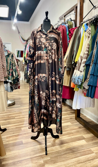 Boho Print Satin Maxi Shirt Dress