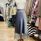 Satin Midi Slip Skirt with Lace Hem