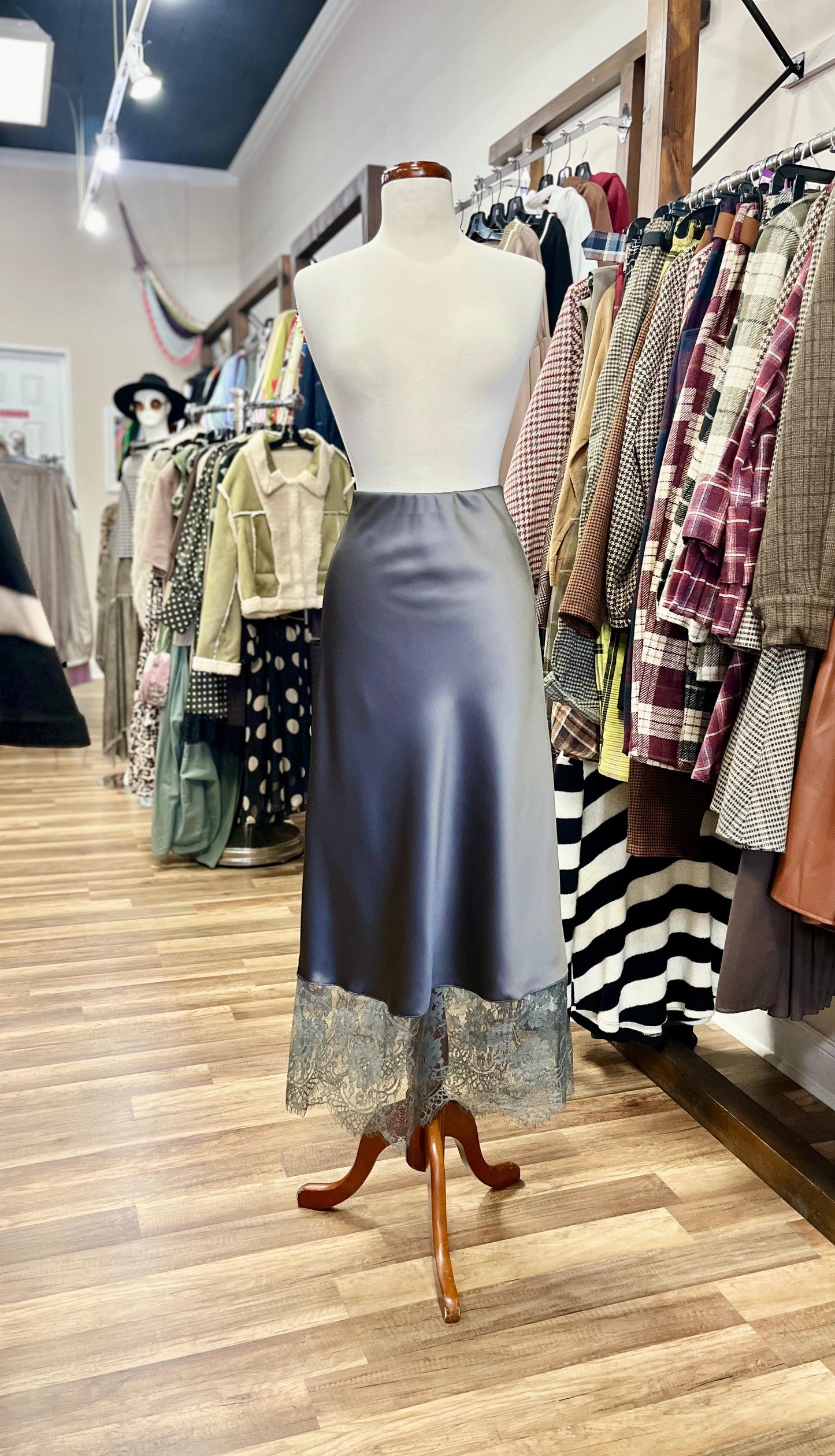 Satin Midi Slip Skirt with Lace Hem