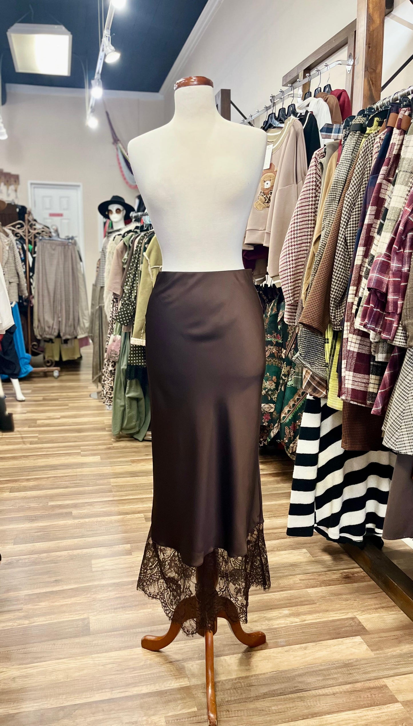 Satin Midi Slip Skirt with Lace Hem