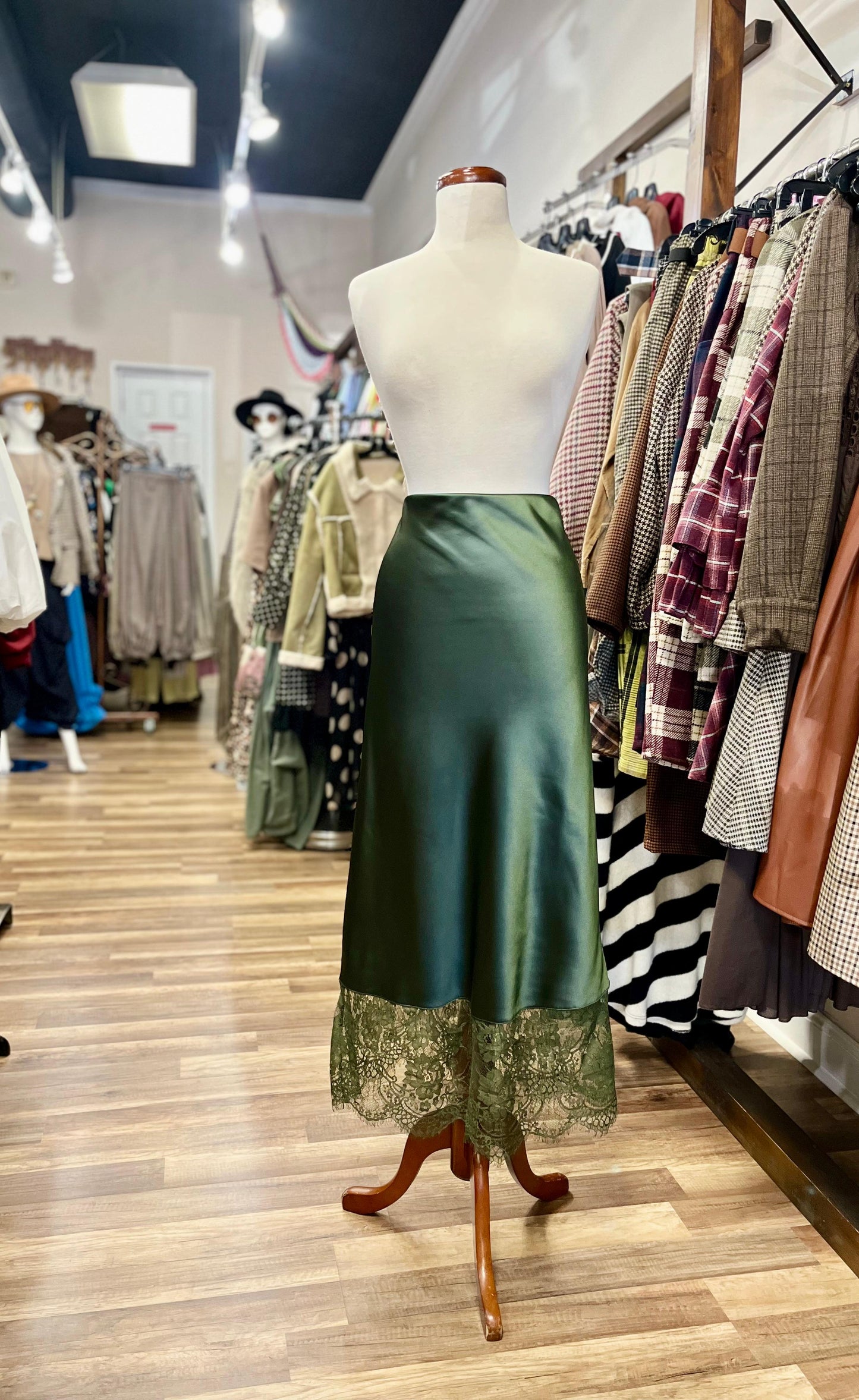 Satin Midi Slip Skirt with Lace Hem