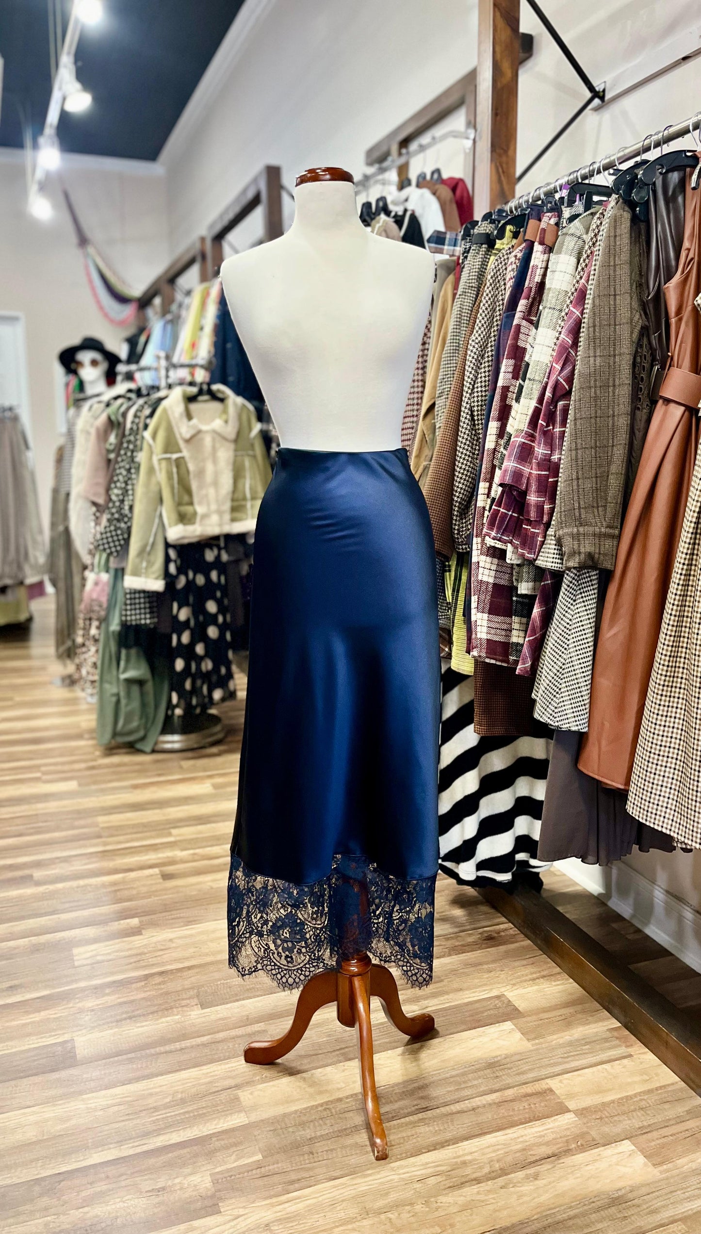 Satin Midi Slip Skirt with Lace Hem