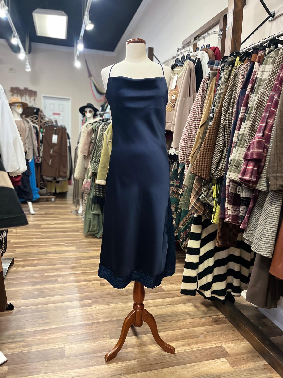 Satin Slip Dress with Lace Trim