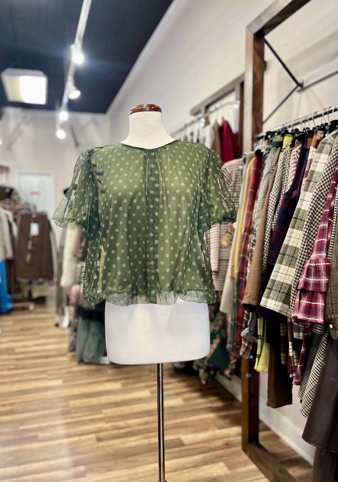 Sheer Polka-Dot Mesh Blouse