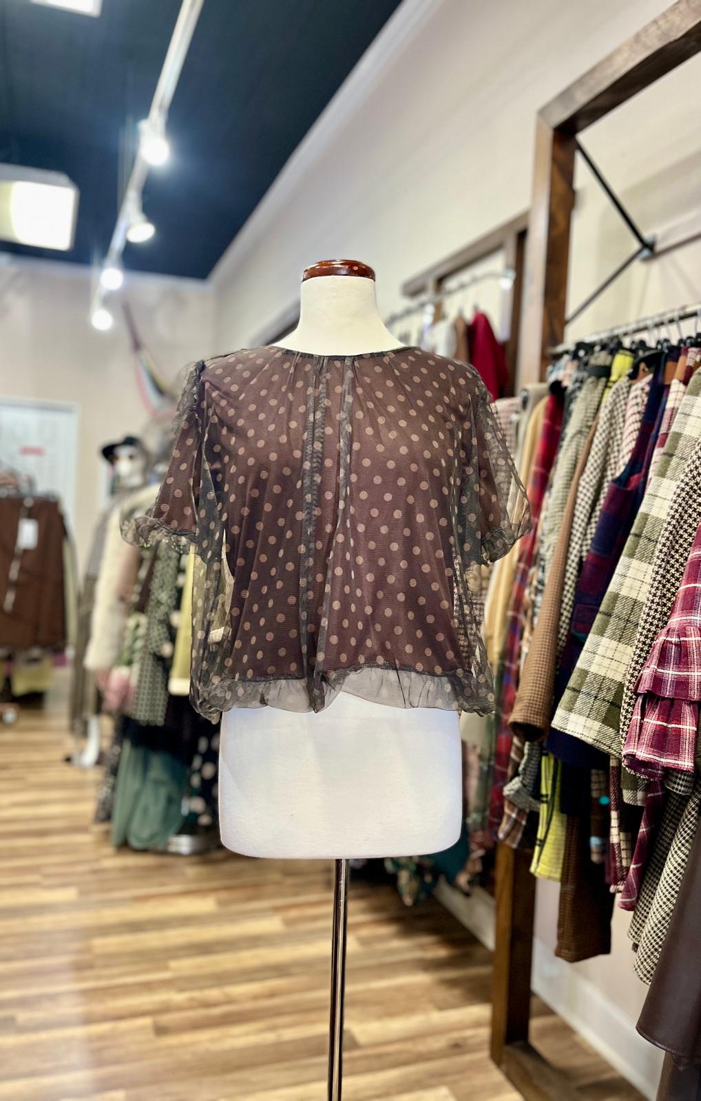 Sheer Polka-Dot Mesh Blouse