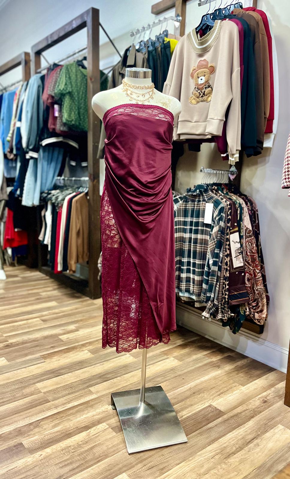 Strapless Draped Satin and Lace Midi Dress