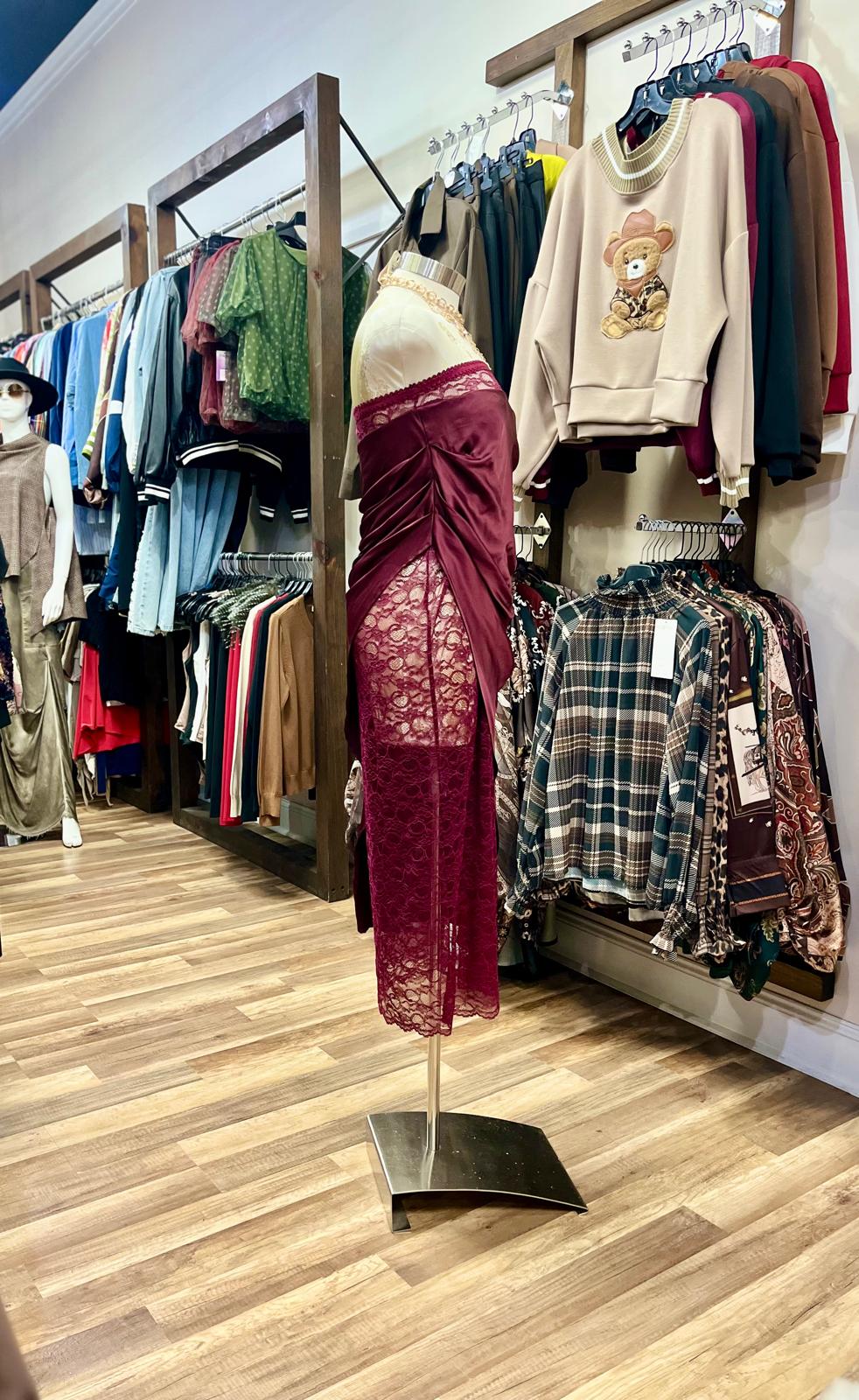 Strapless Draped Satin and Lace Midi Dress