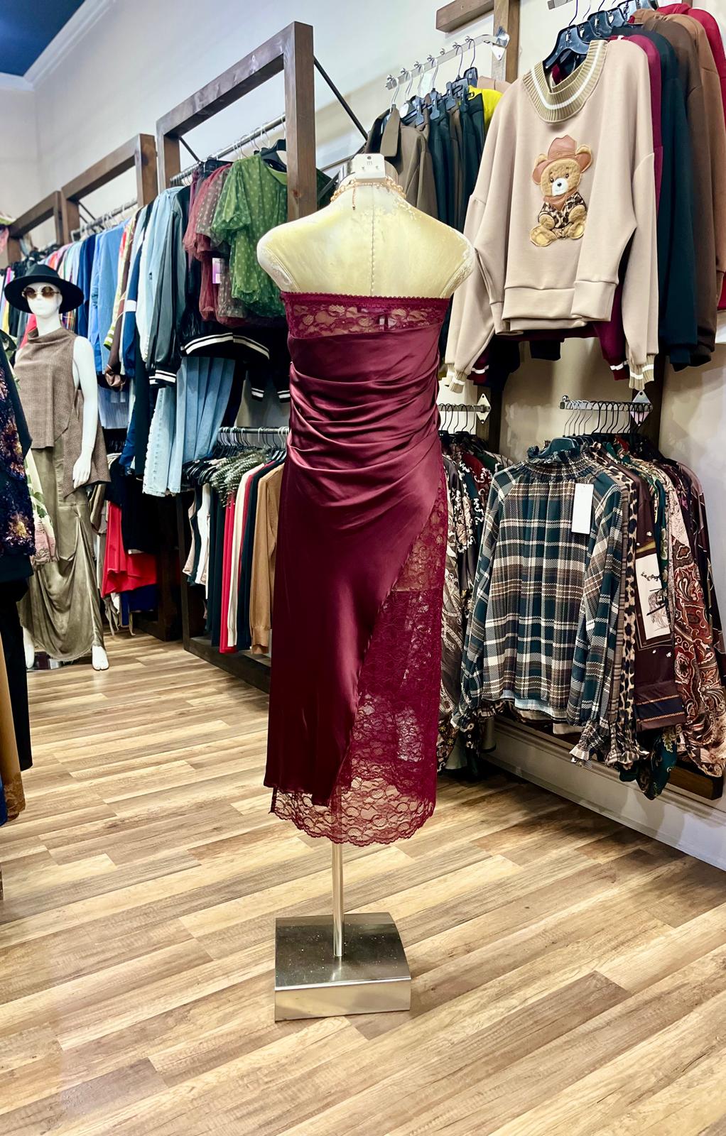 Strapless Draped Satin and Lace Midi Dress