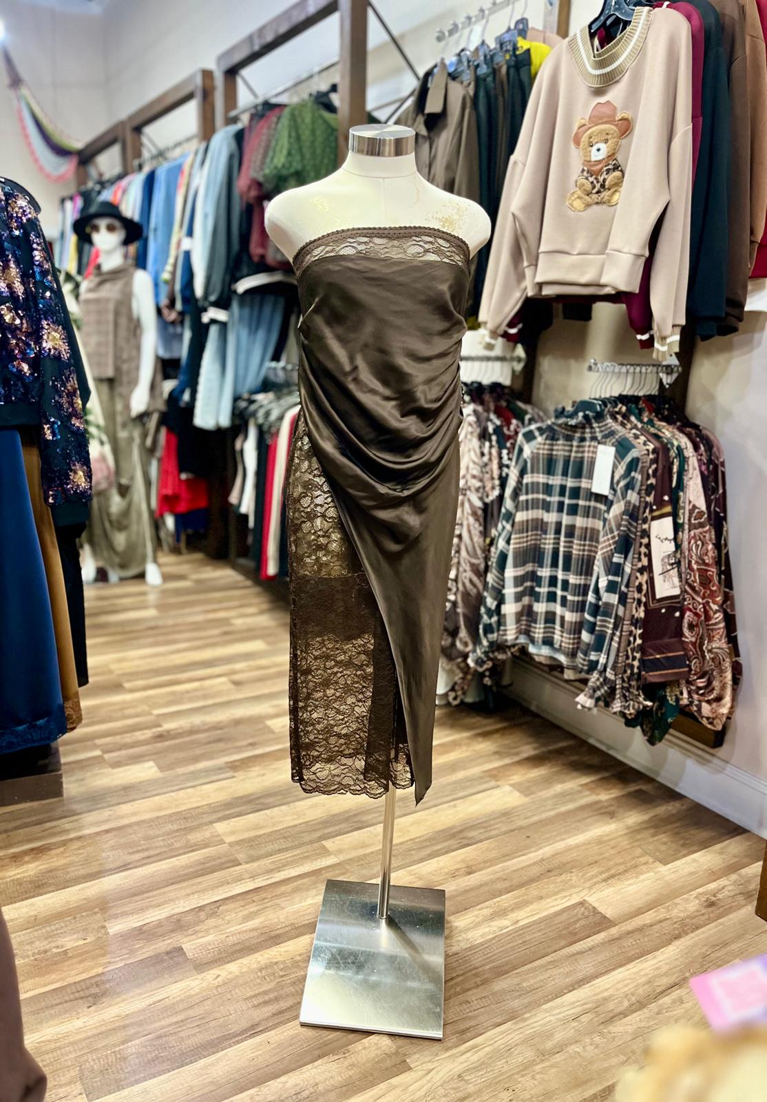 Strapless Draped Satin and Lace Midi Dress