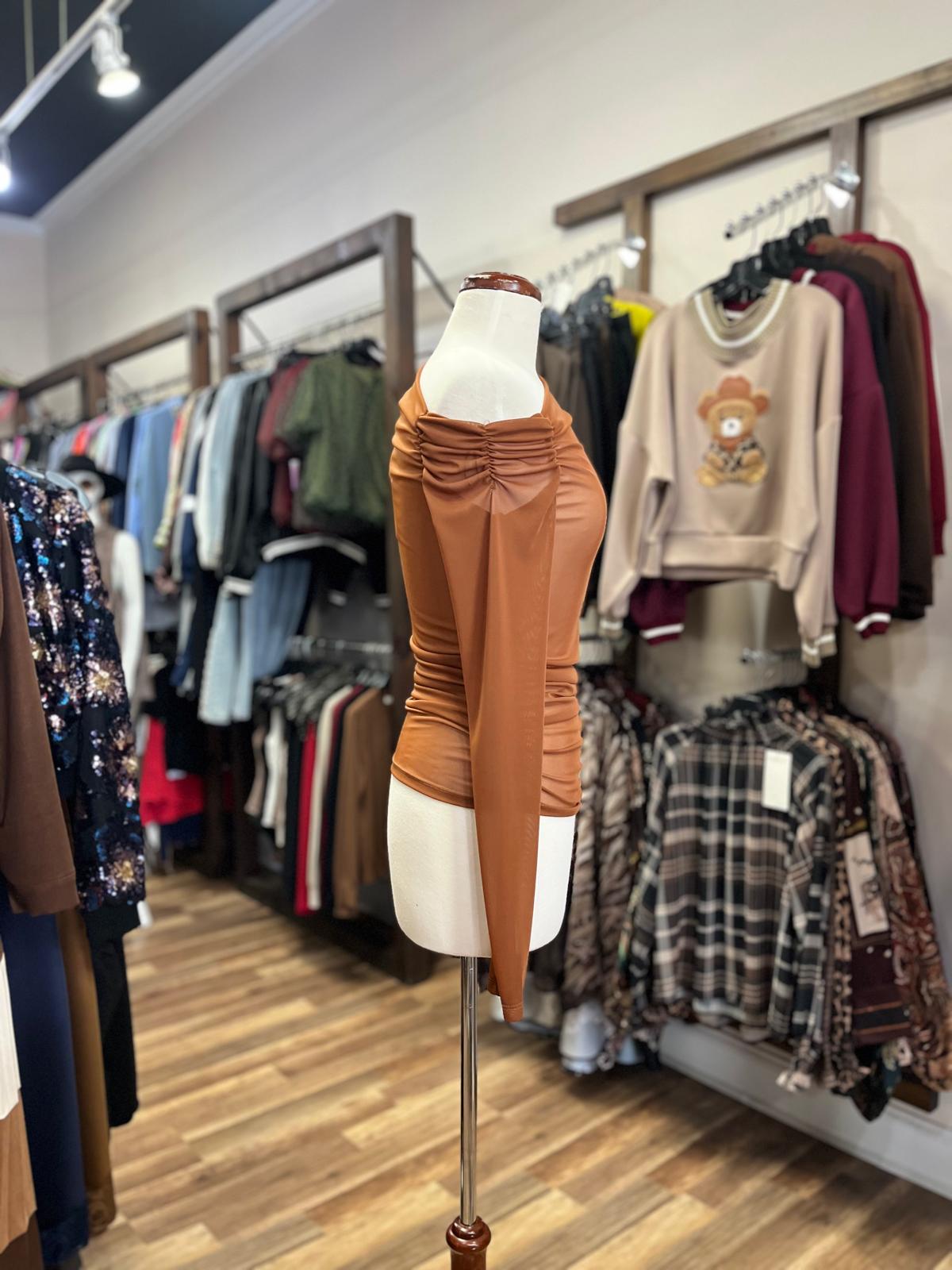 Asymmetrical Ruched One-Shoulder Long Sleeve Top