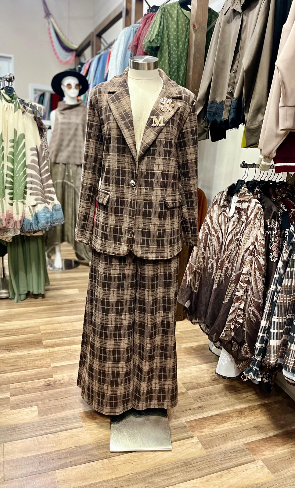 Plaid Blazer & Wide-Leg Pants Set