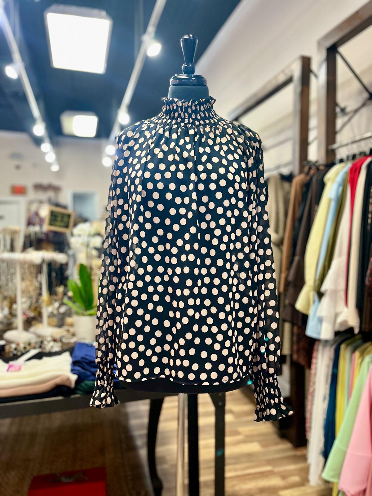 Polka Dot Smocked High-Neck Blouse
