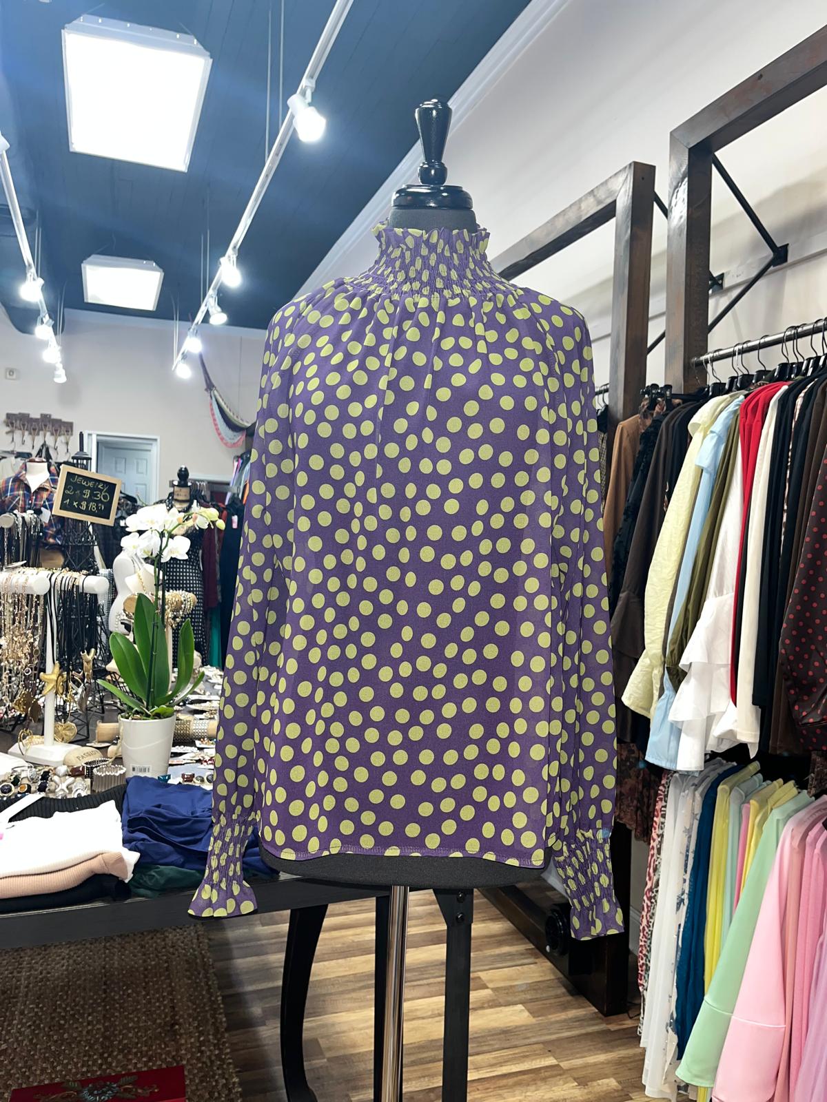 Polka Dot Smocked High-Neck Blouse