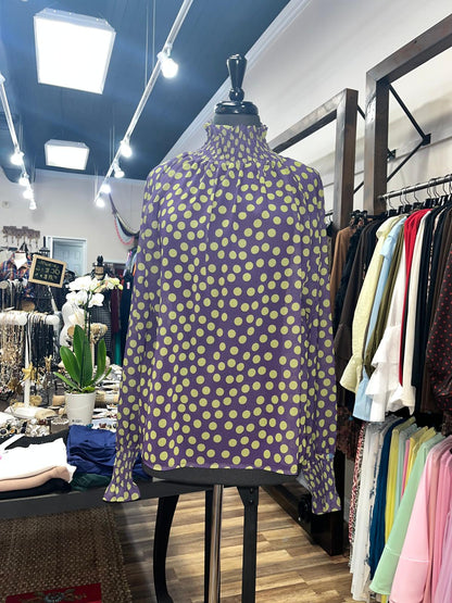 Polka Dot Smocked High-Neck Blouse