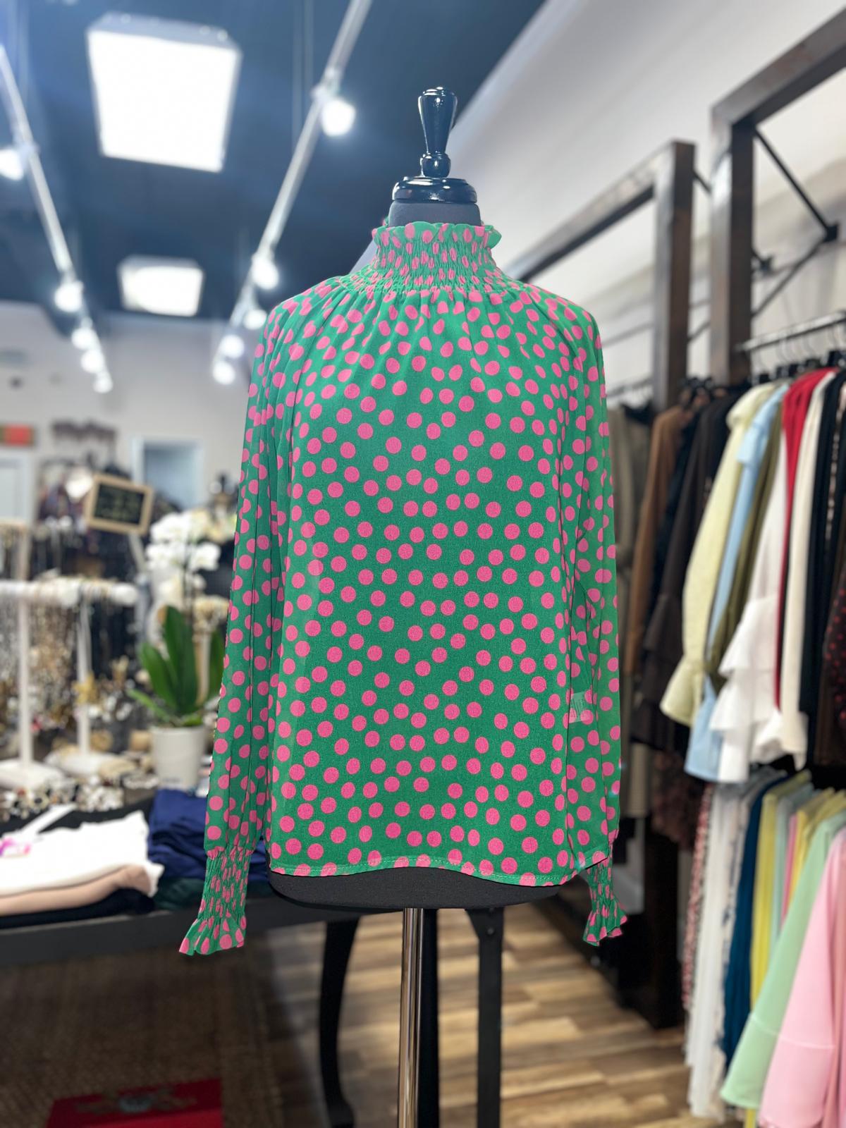 Polka Dot Smocked High-Neck Blouse