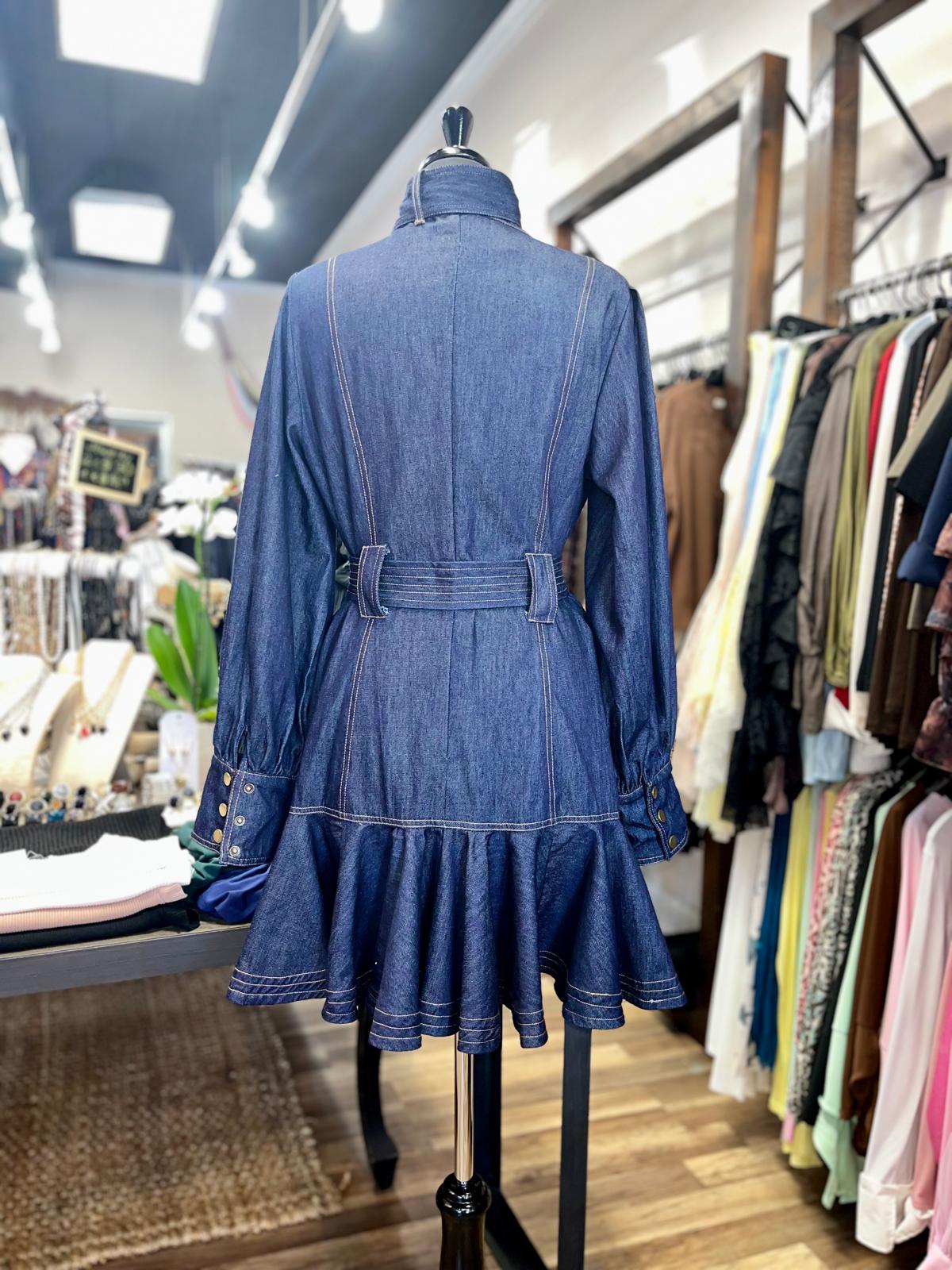 Denim Tie-Neck Ruffle Hem Dress