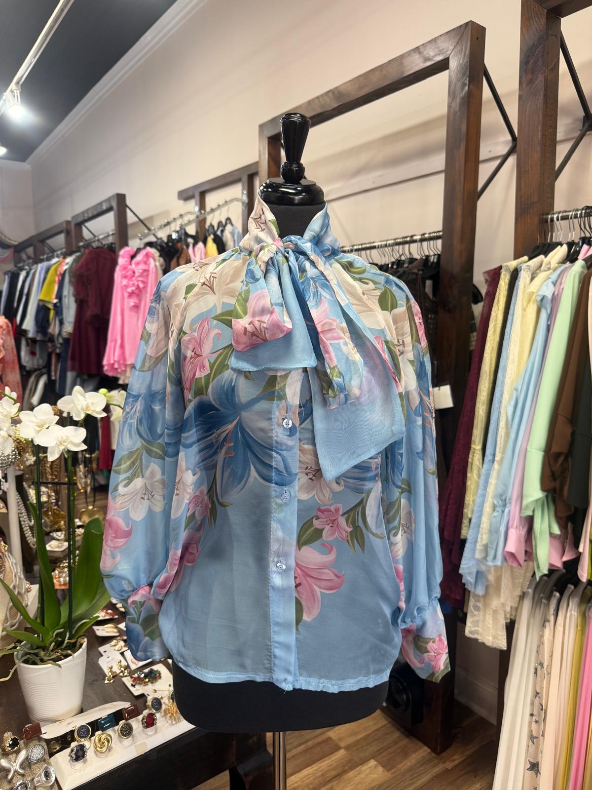 Sheer Floral Bow-Neck Blouse