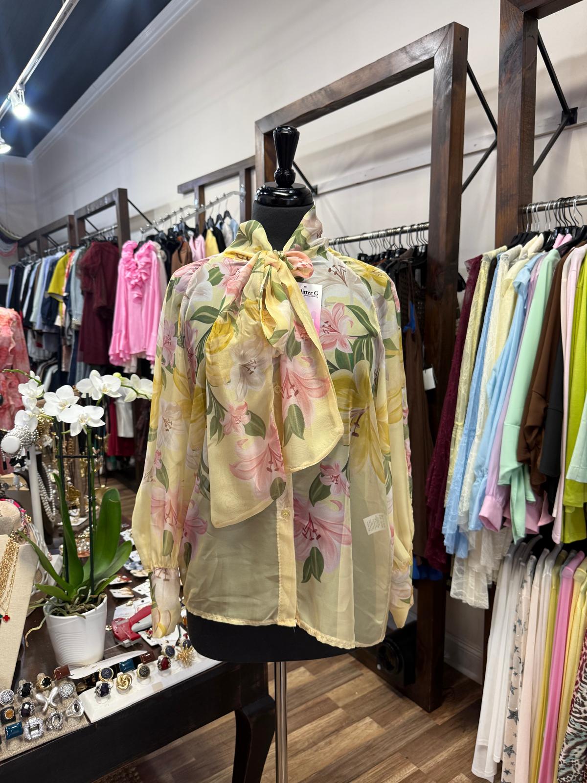 Sheer Floral Bow-Neck Blouse