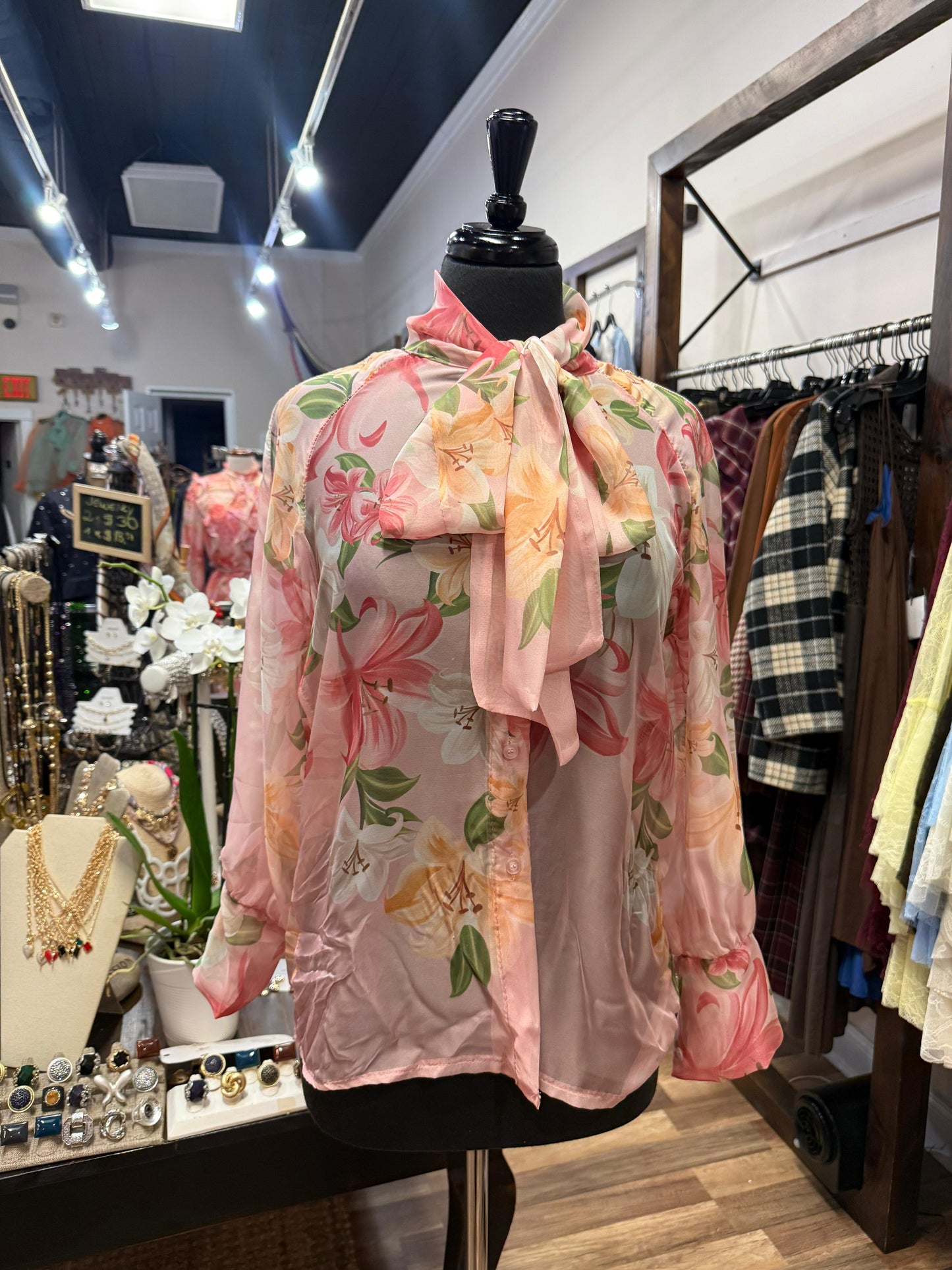 Sheer Floral Bow-Neck Blouse