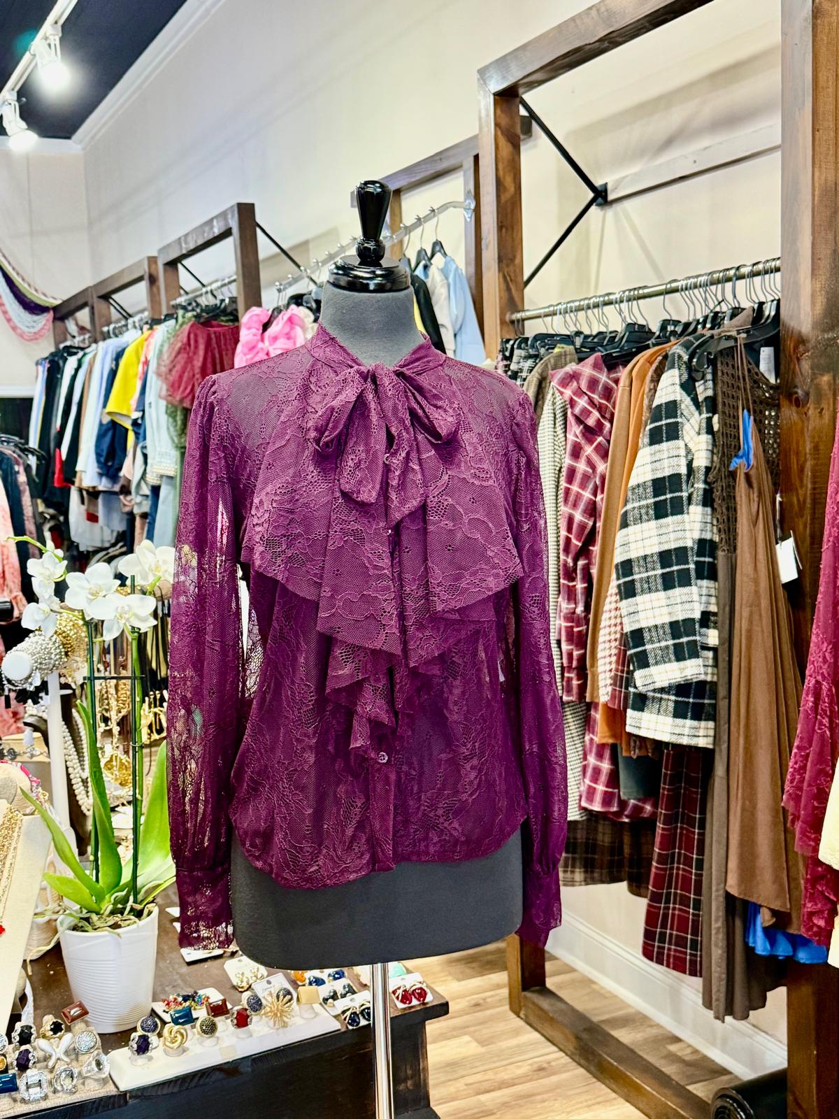 Lace Ruffle Tie-Neck Blouse