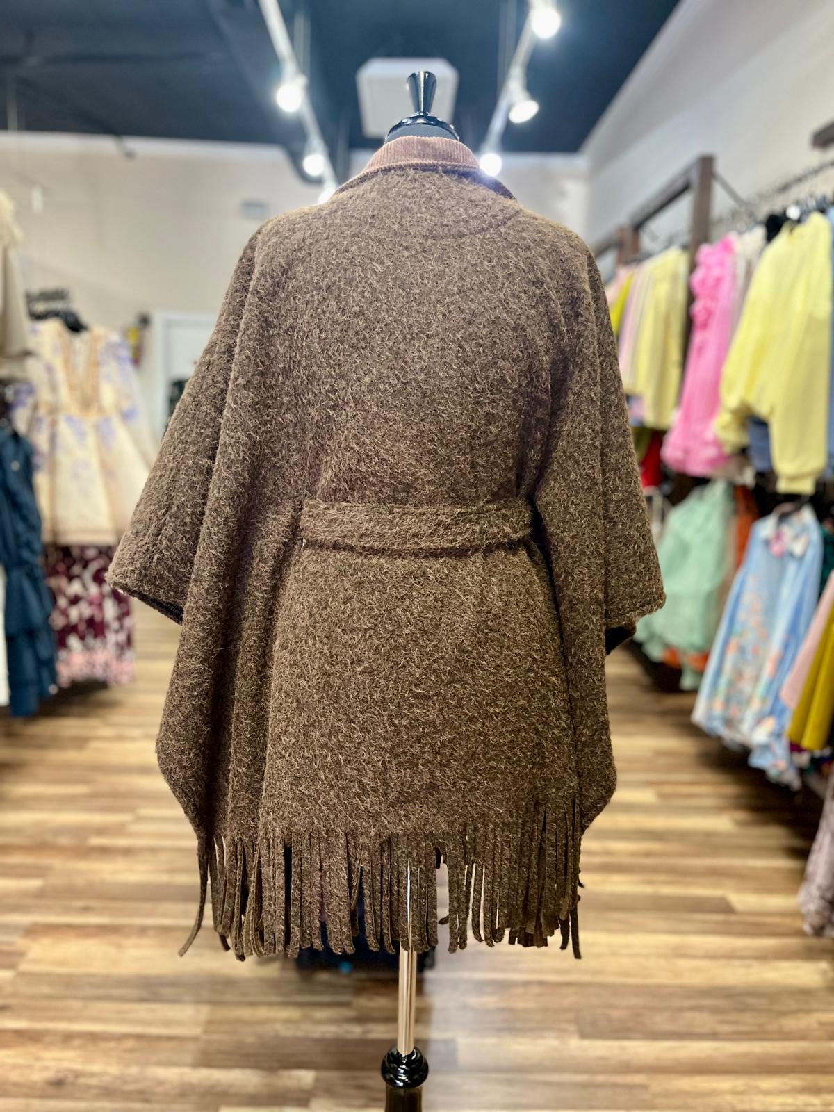Fringe Belted Poncho Coat