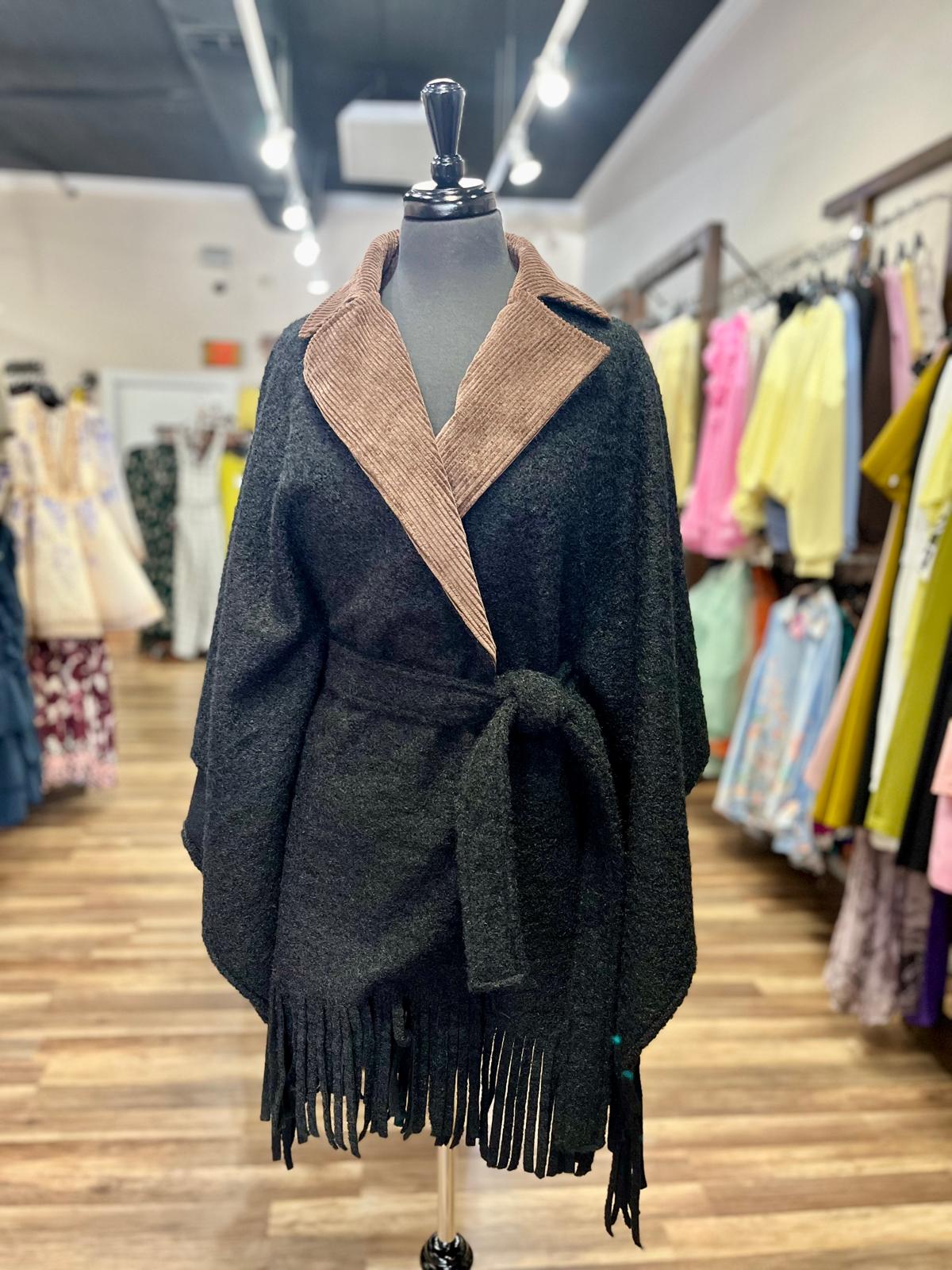 Fringe Belted Poncho Coat