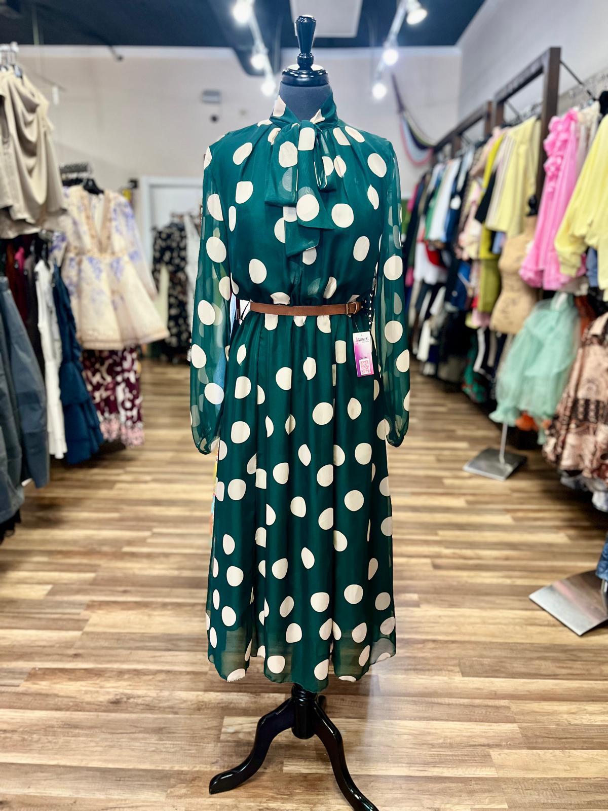 Polka  Dot Tie-Neck Midi Dress