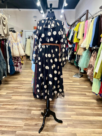 Polka  Dot Tie-Neck Midi Dress