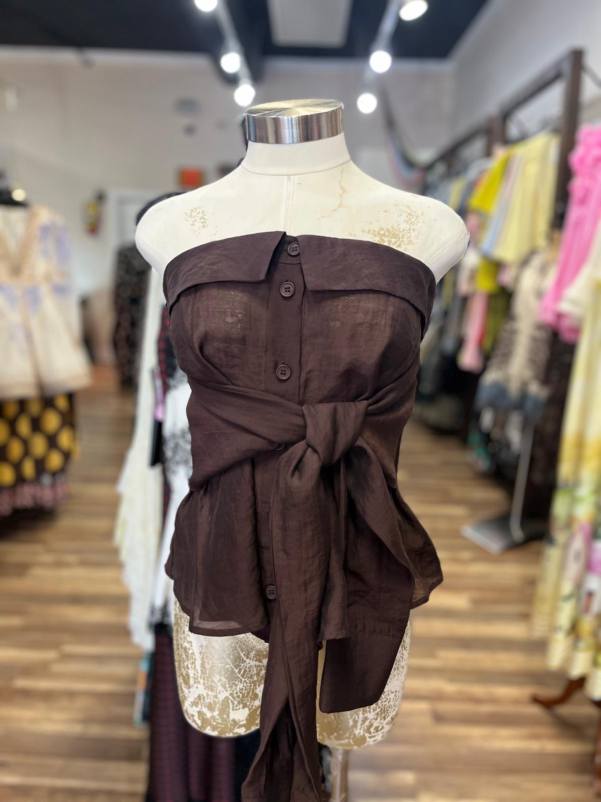 Strapless Button-Front Tie-Waist Top