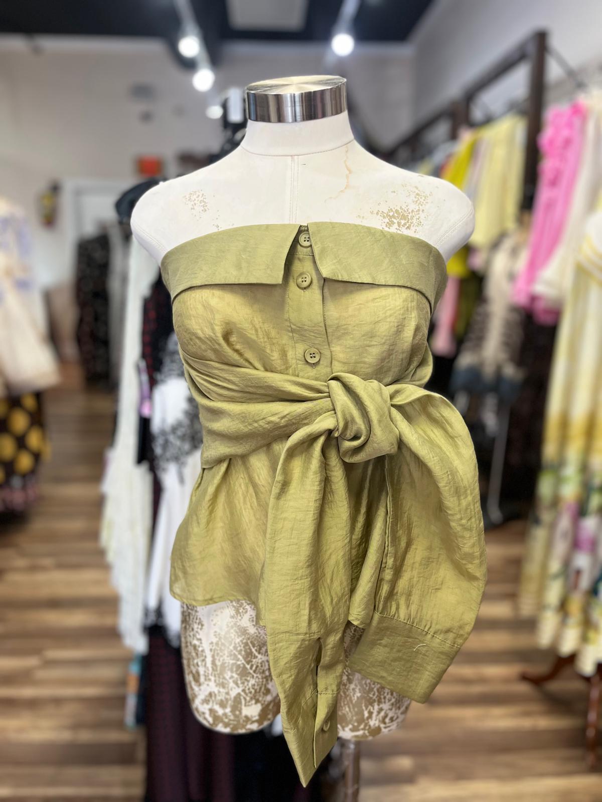 Strapless Button-Front Tie-Waist Top