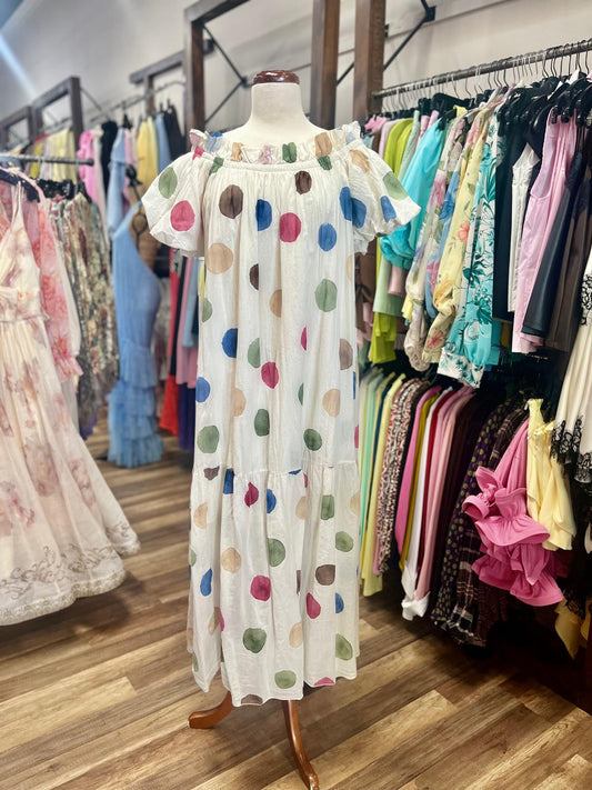 Off-Shoulder Polka  Dot  Midi Dress