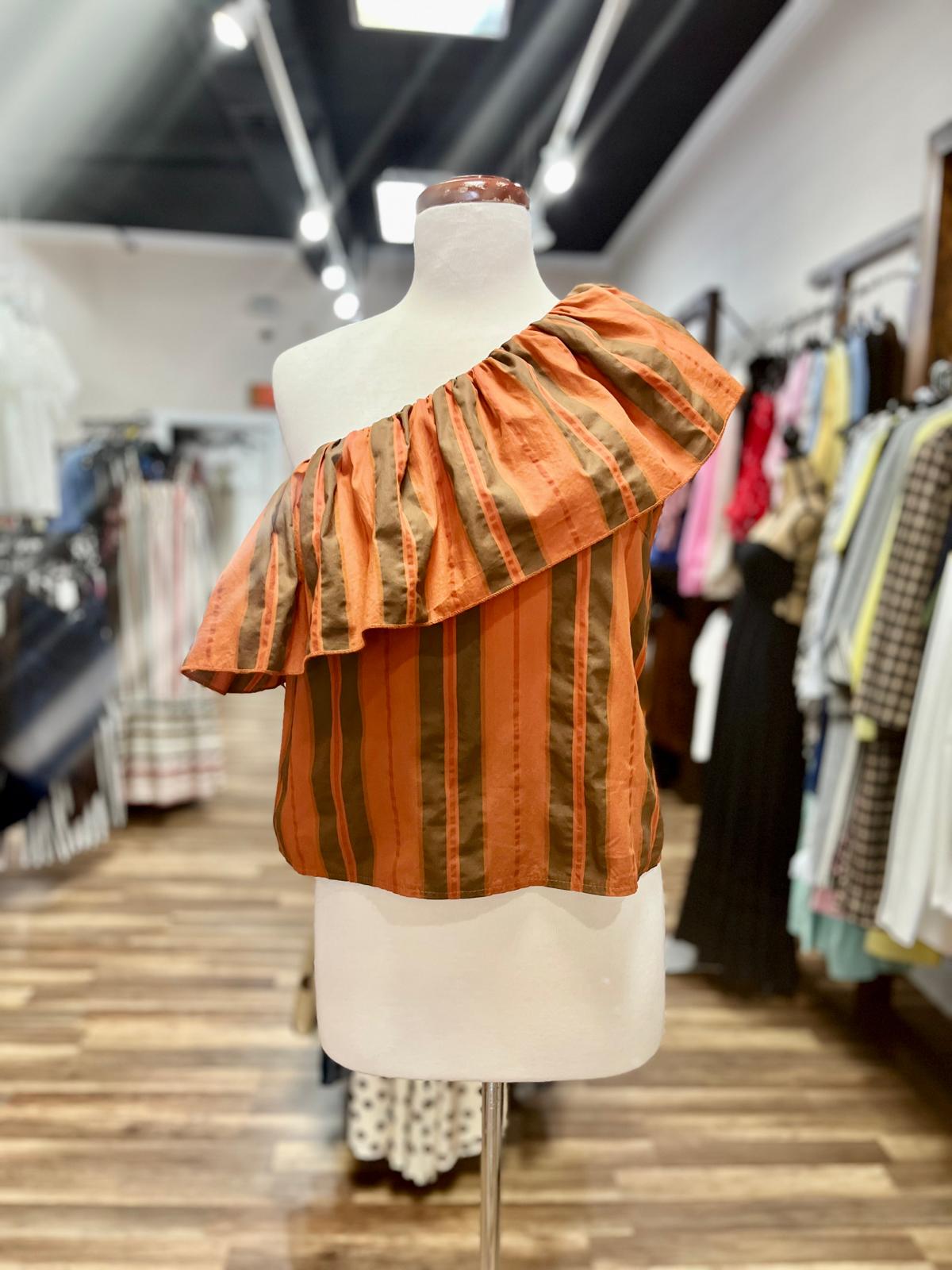 One-Shoulder Ruffle Stripe Top