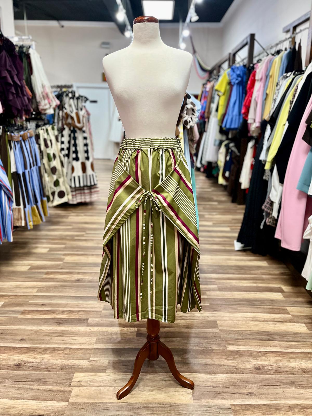 Striped Tie-Front Midi Skirt