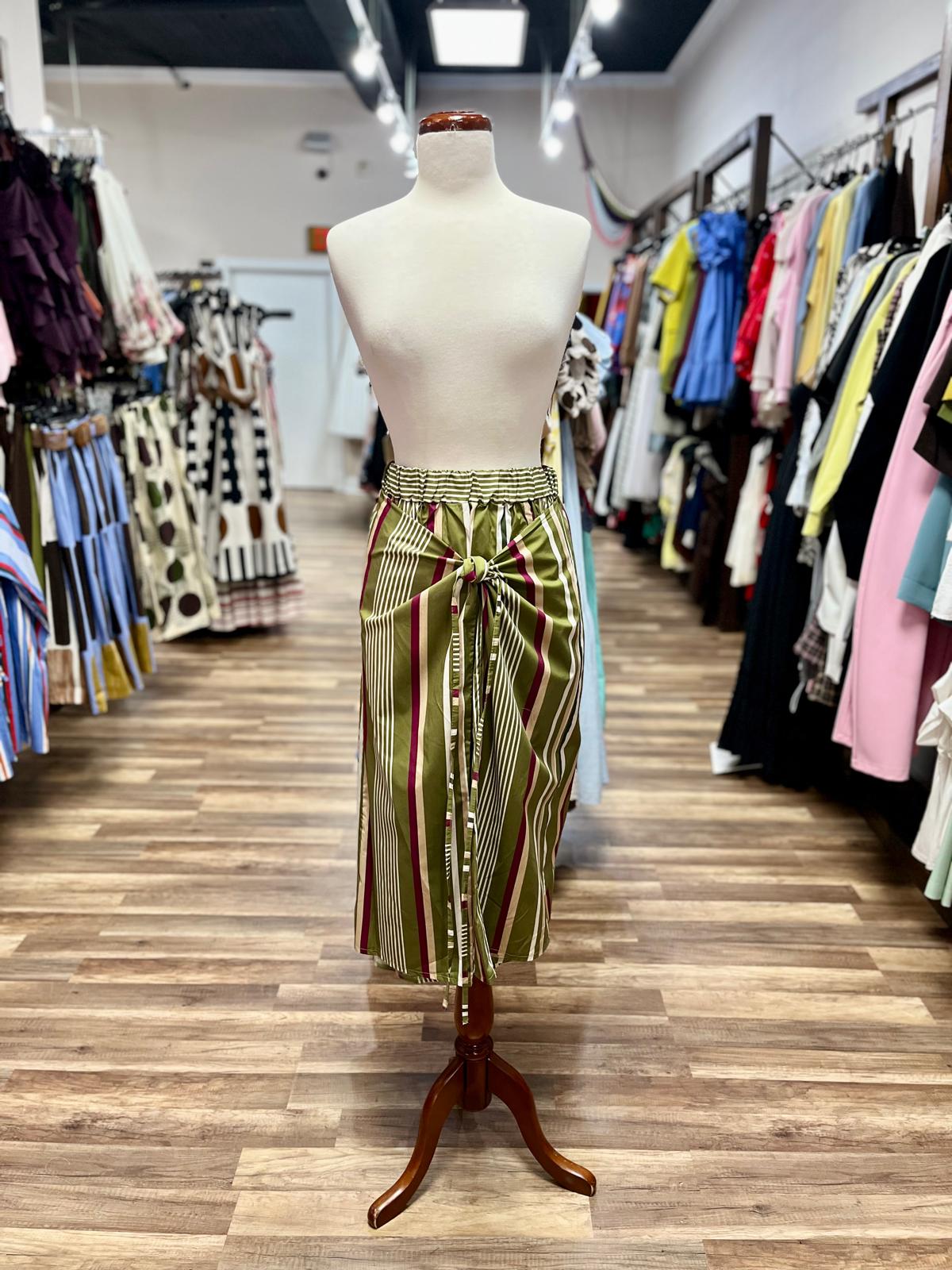 Striped Tie-Front Midi Skirt