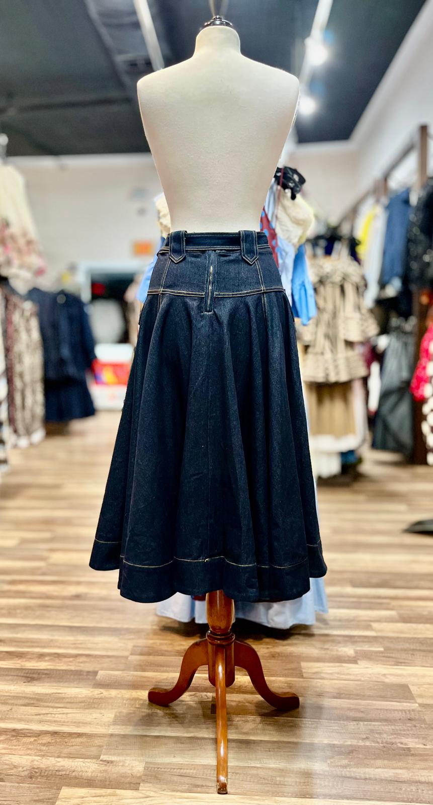 Belted Denim Midi Skirt