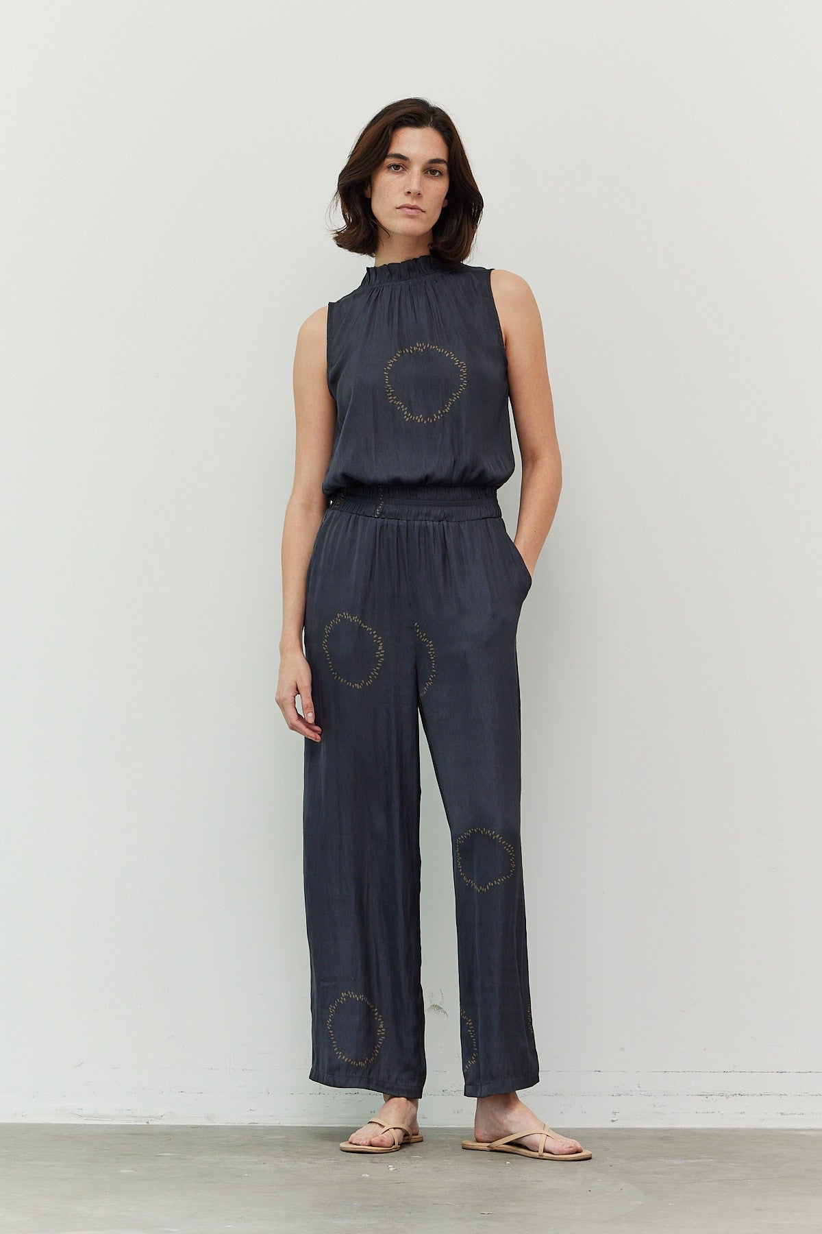 DOTTED CIRCLE PRINTED SATIN JUMPSUIT