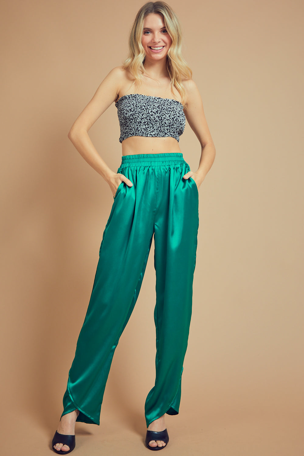 SOLID SILKY SATIN STRIGHT PANTS