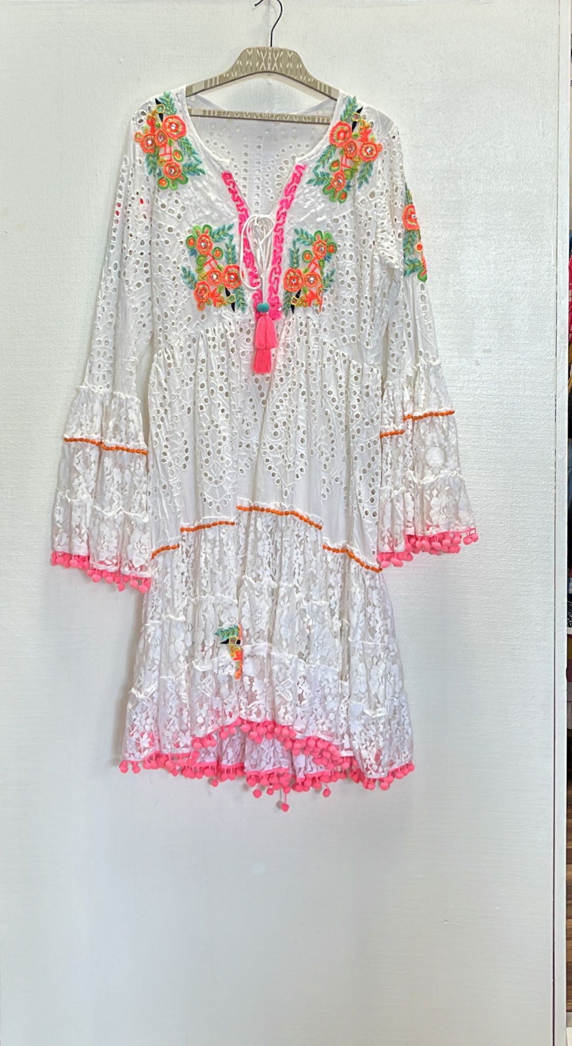 WHITE BOHO DRESS WITH PINK DETAILS